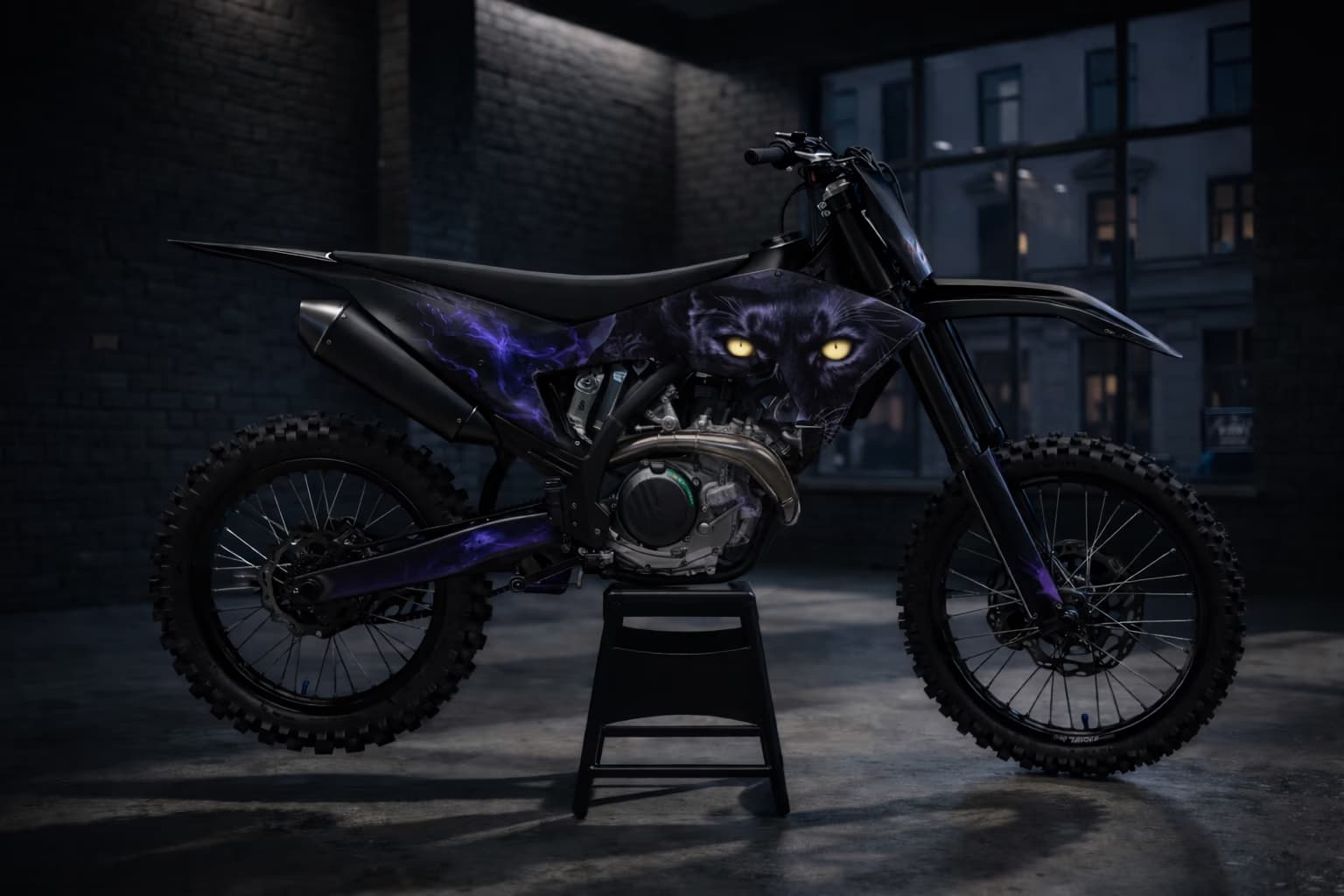 Black custom dirt bike graphics with panther eyes and dark violet accents.