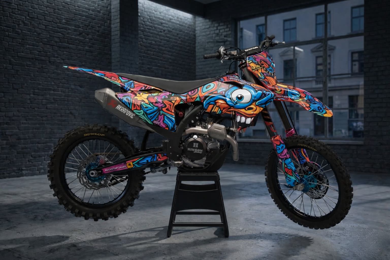 Custom motocross graphics with graffiti toon burst and colorful abstract lines.