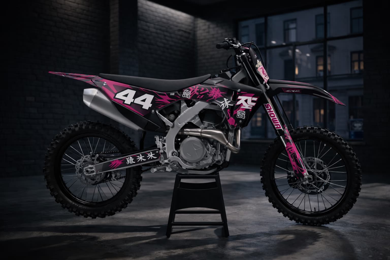 Black and pink custom dirt bike graphics with Japanese text and race number 44.