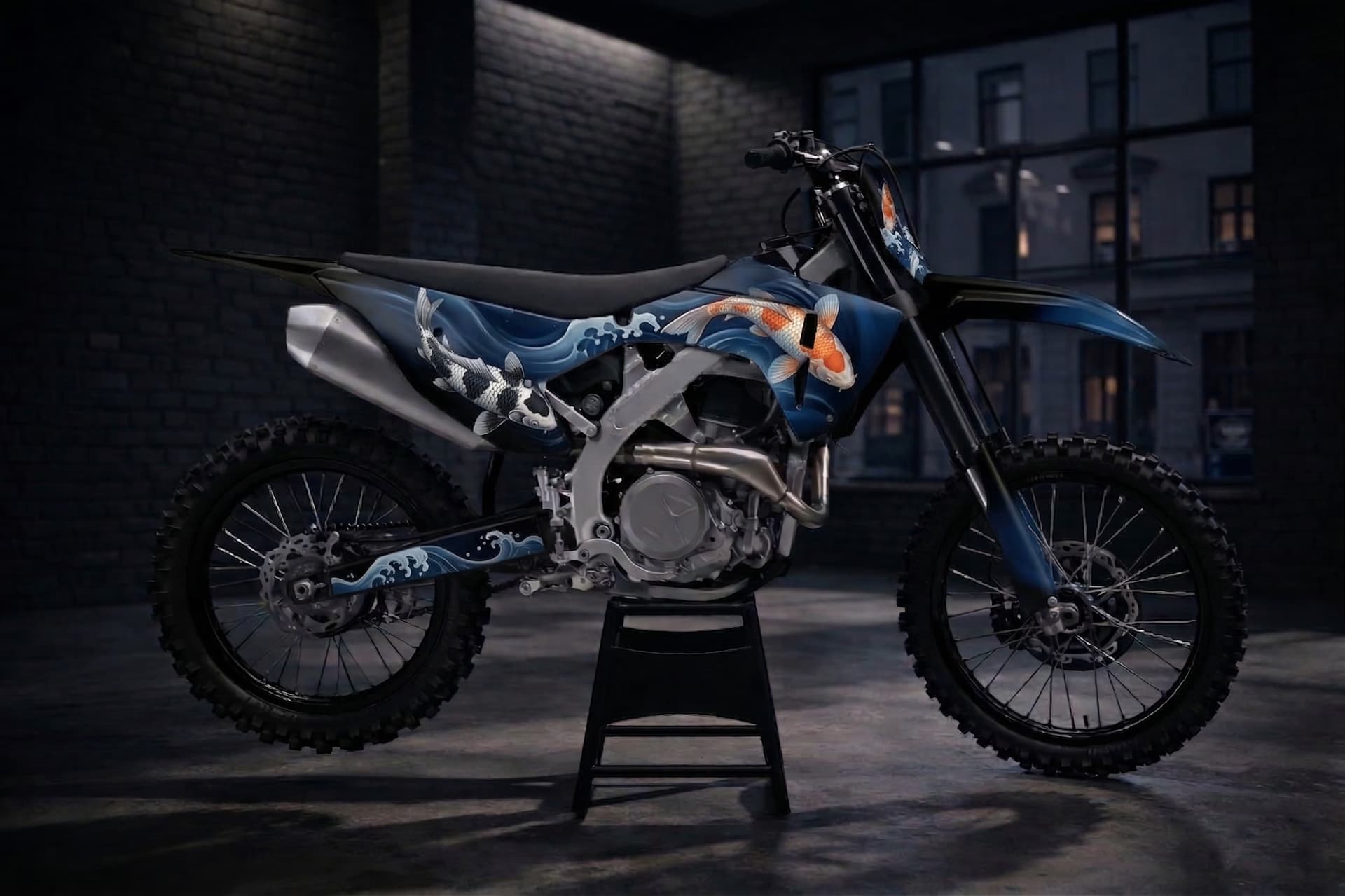 Japanese style custom motocross graphics with koi fish and flowing blue waves.