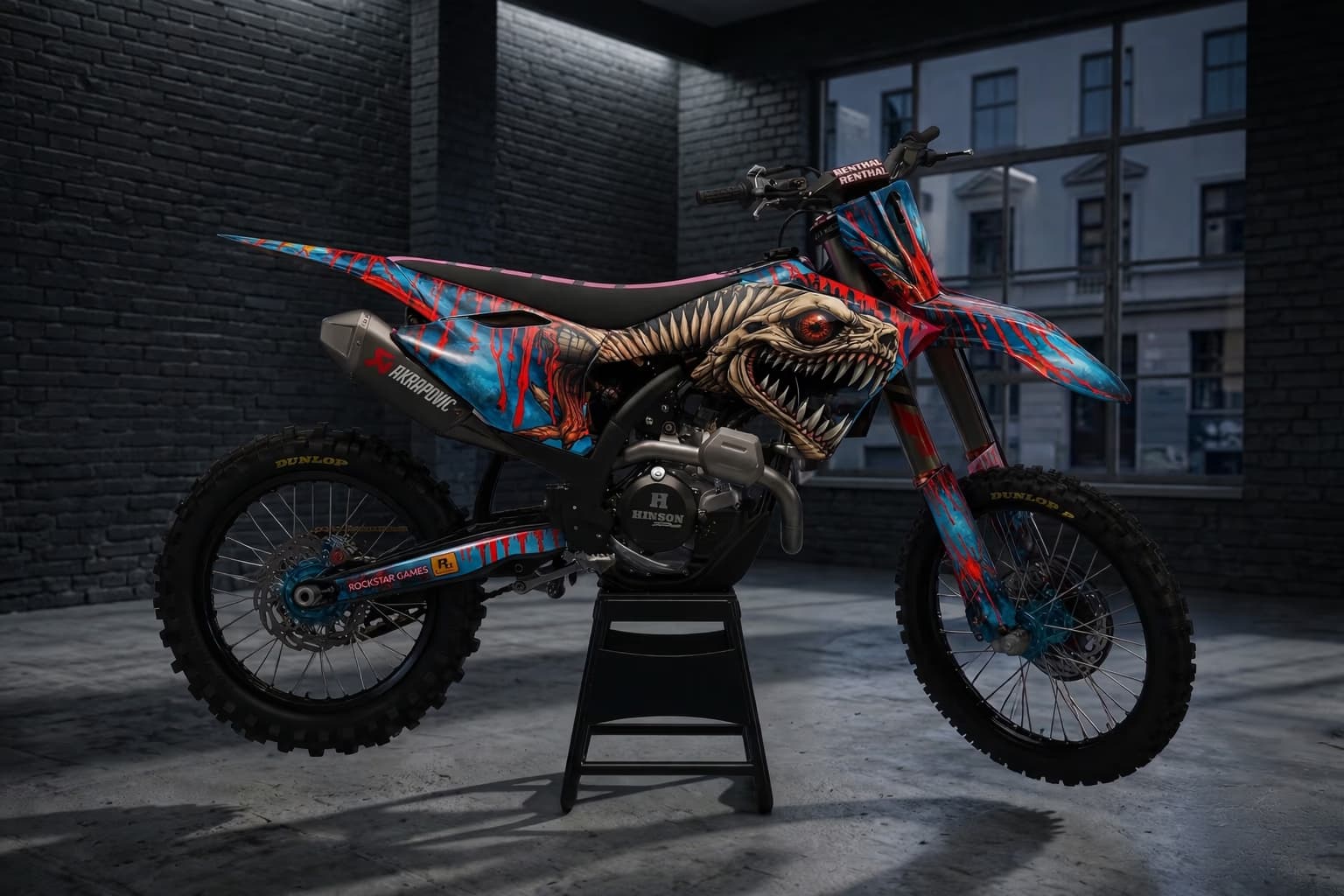 Blue and red custom dirt bike graphics featuring a monster fang side panel design.