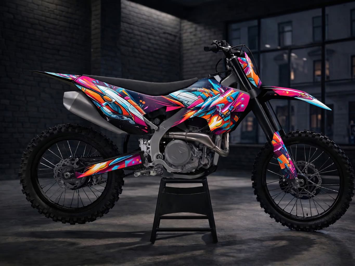 Neon abstract custom dirt bike graphics with bright multicolor street art pattern.