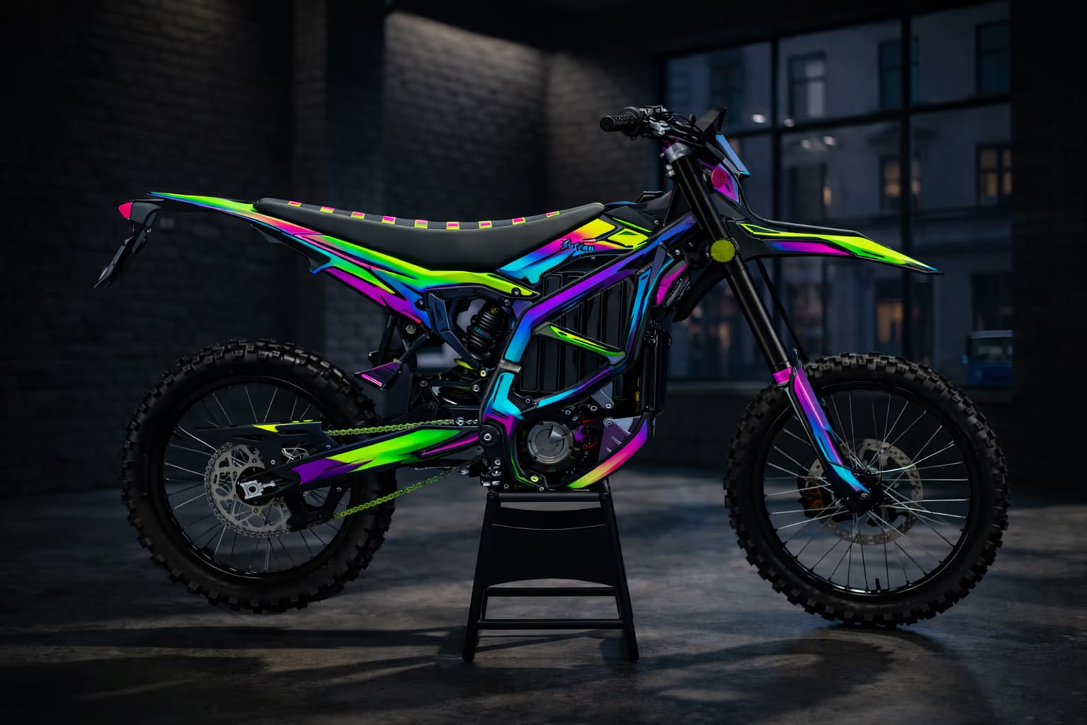Electric neon custom dirt bike graphics in futuristic multicolor line style.
