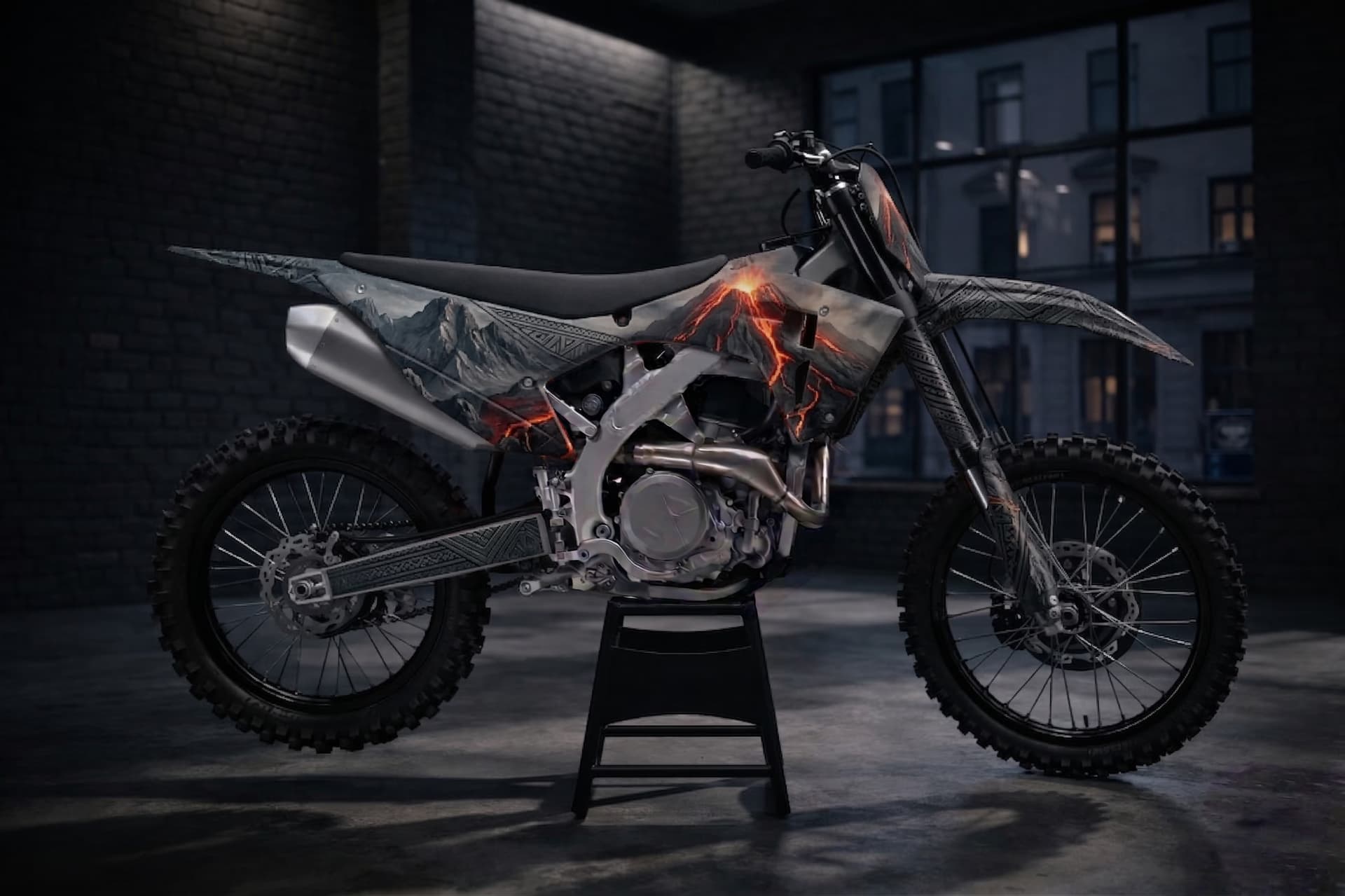 Retro hotrod custom graphics with neon pinup and fuel typography accents.