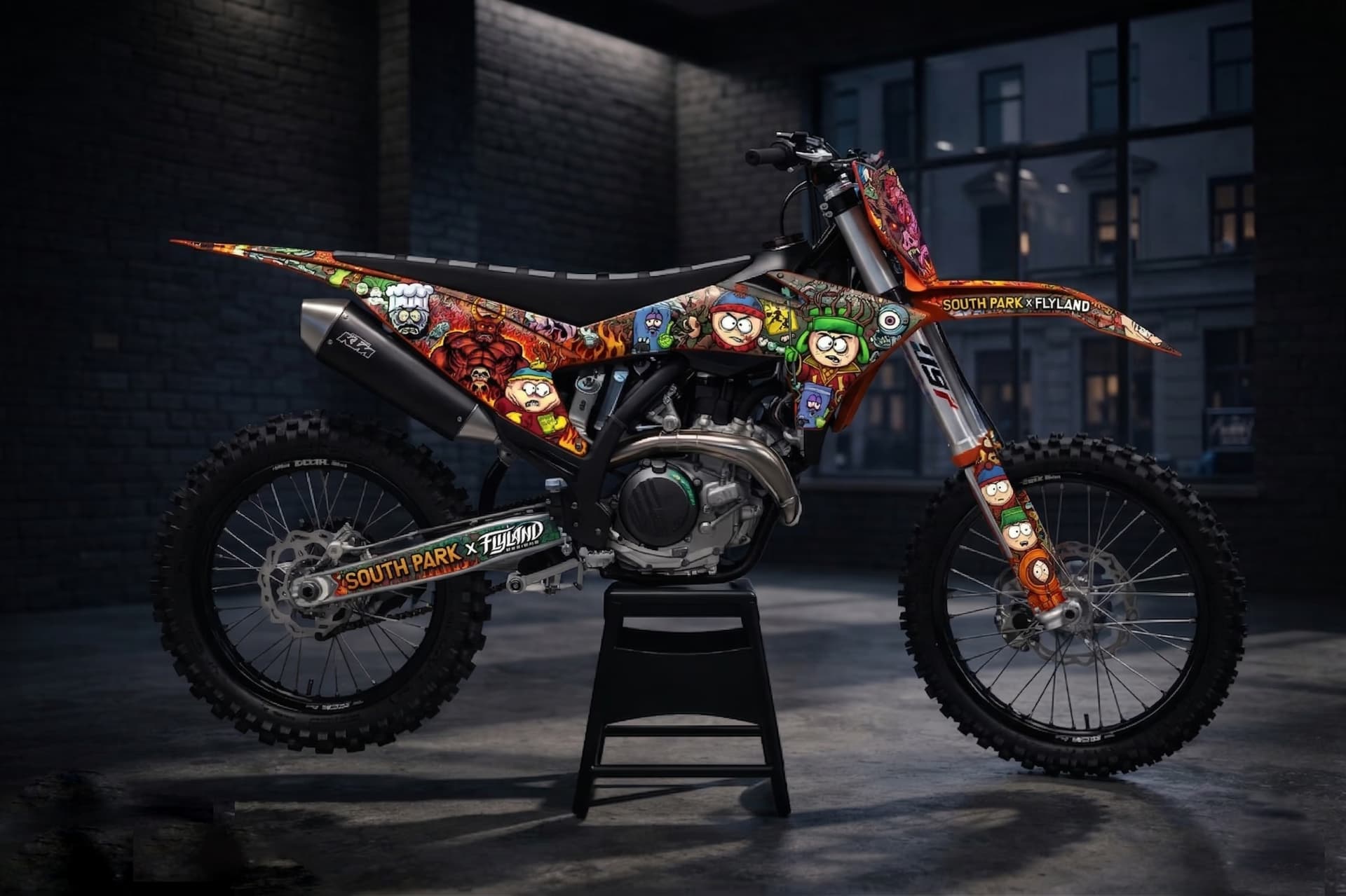 Cartoon style custom dirt bike graphics inspired by South Park character visuals.
