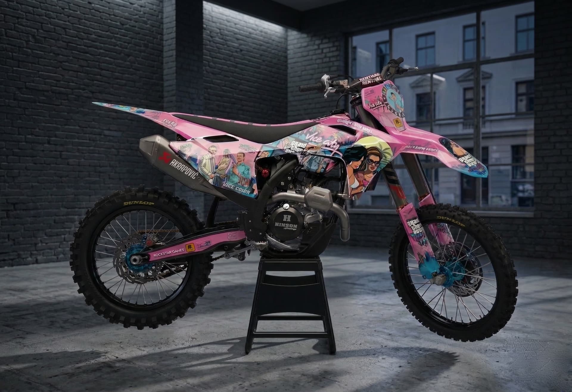 Pink retro custom dirt bike graphics inspired by Vice City color palette.